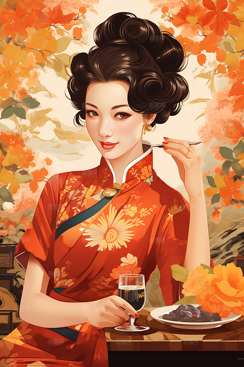 旗袍美女民国风高清插画