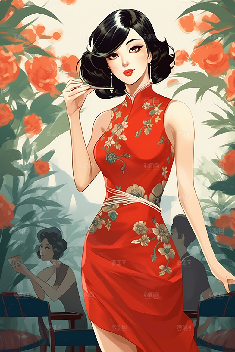 旗袍美女新中式高清插画