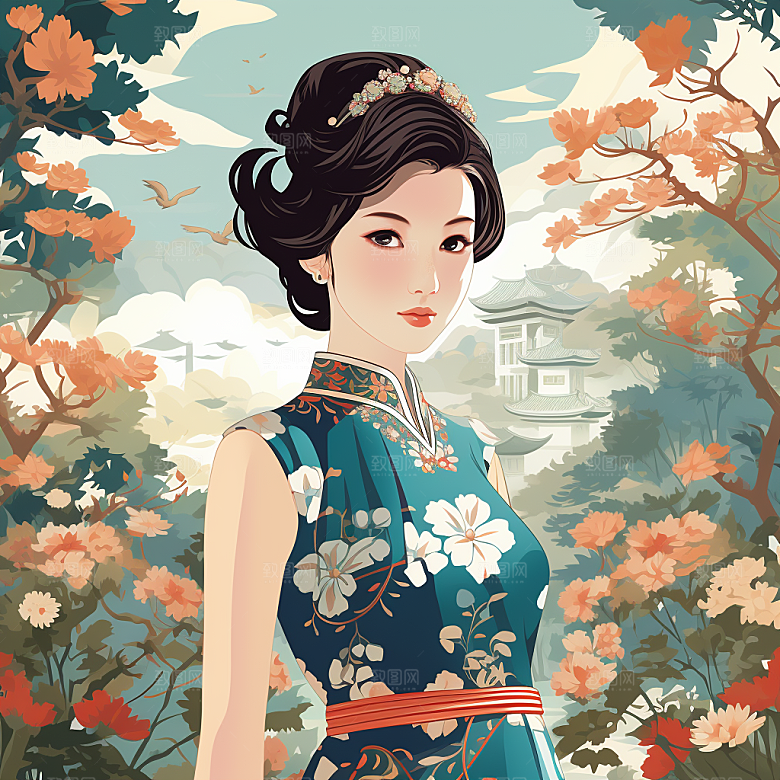 旗袍美女精致高清插画