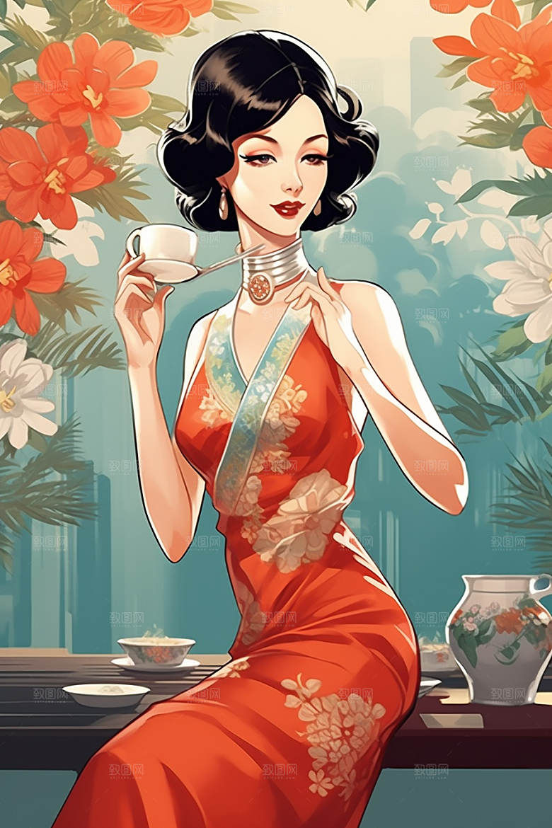 旗袍美女手绘高清插画