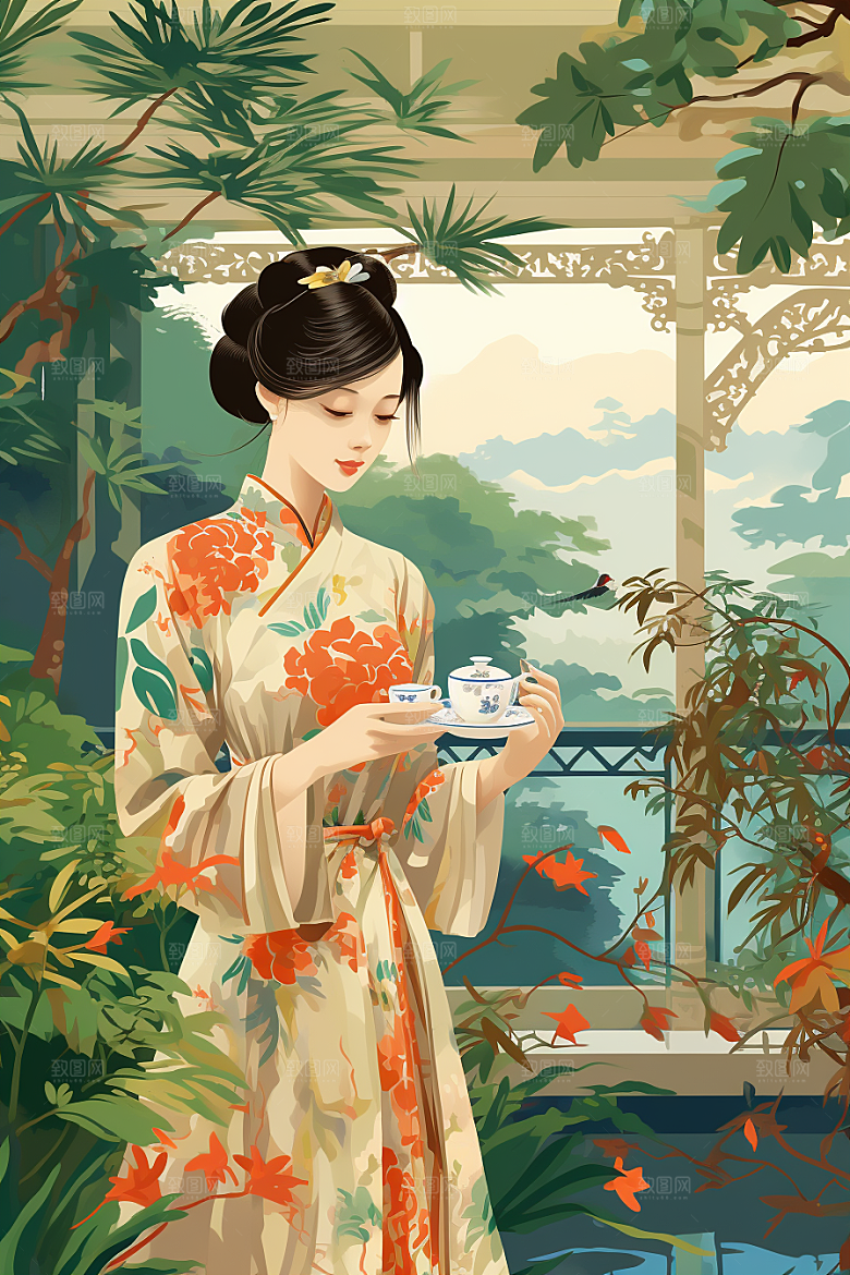 旗袍美女唯美中国风插画