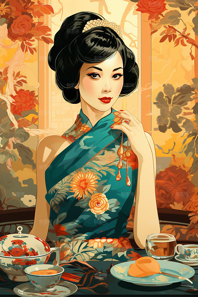 旗袍美女中国风唯美插画