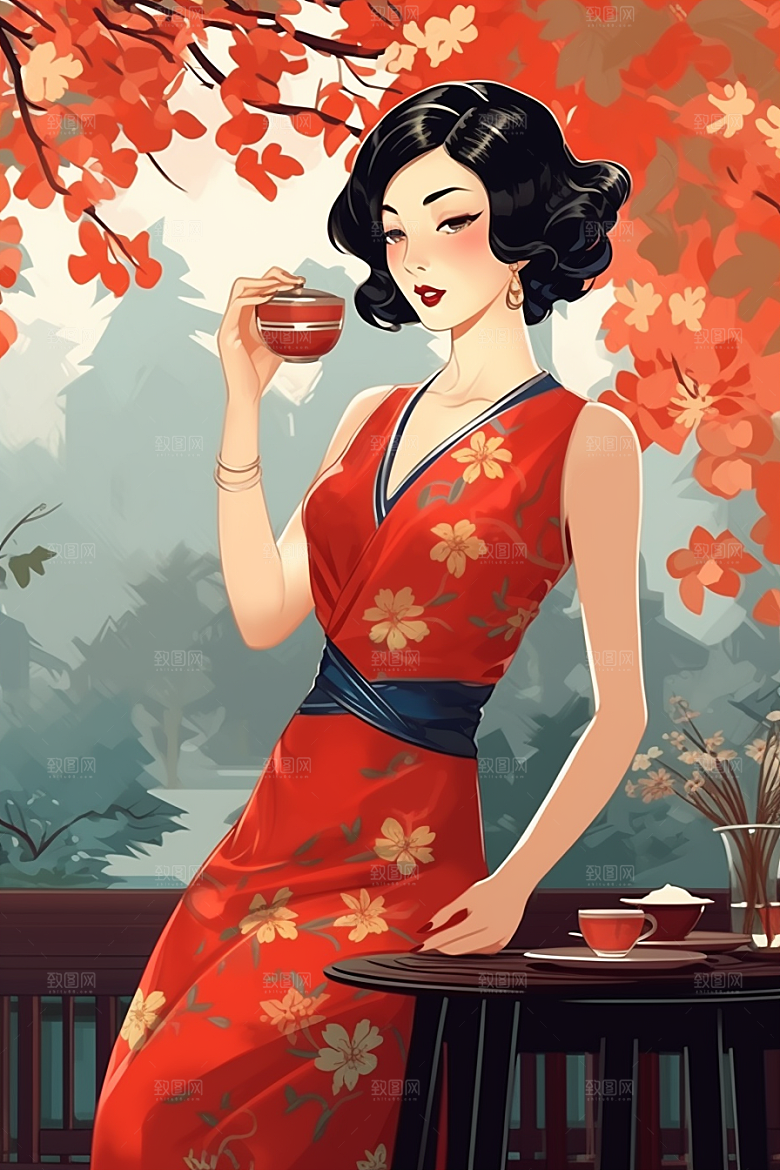 旗袍美女手绘中国风插画