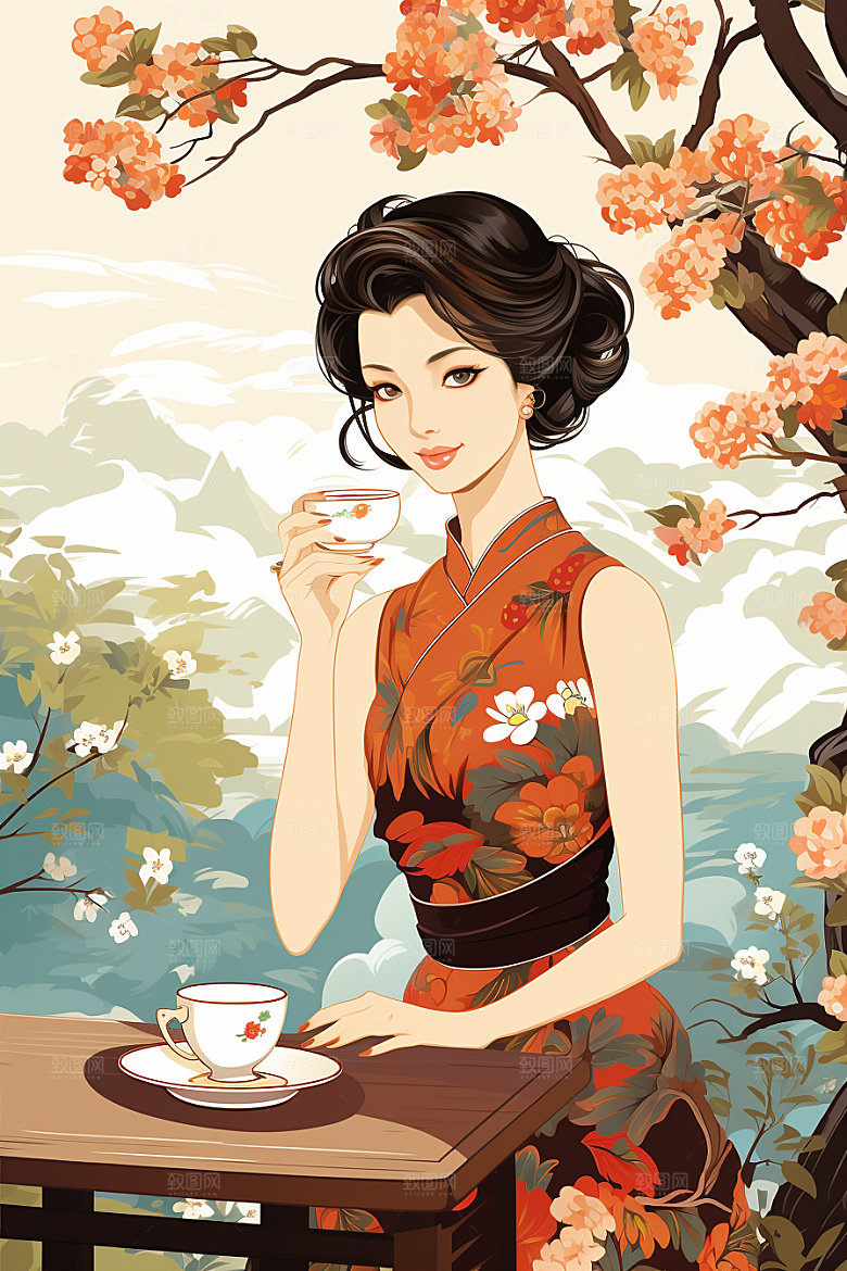 旗袍美女唯美中国风插画