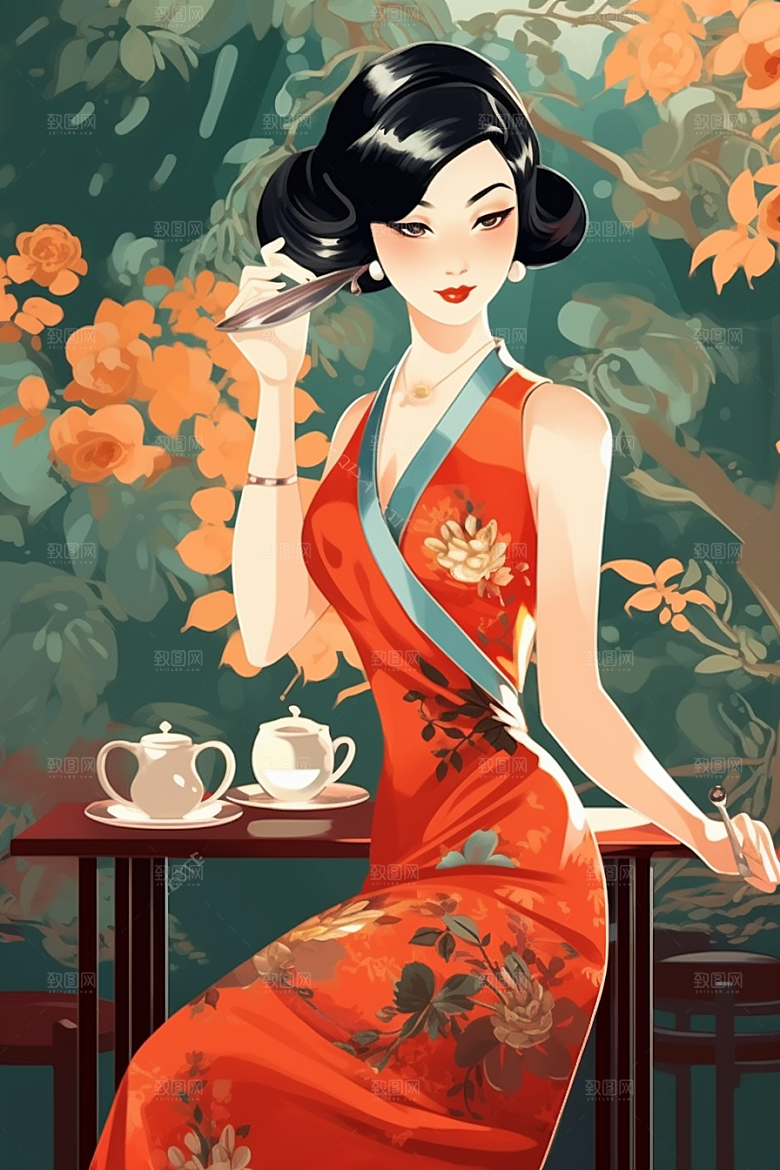 旗袍美女精致手绘插画