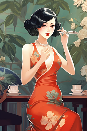 旗袍美女民国风中国风插画