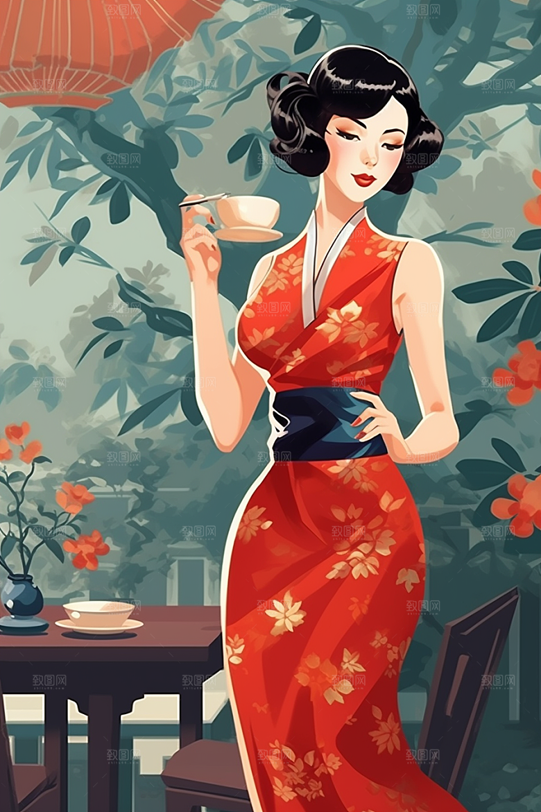 旗袍美女唯美民国风插画