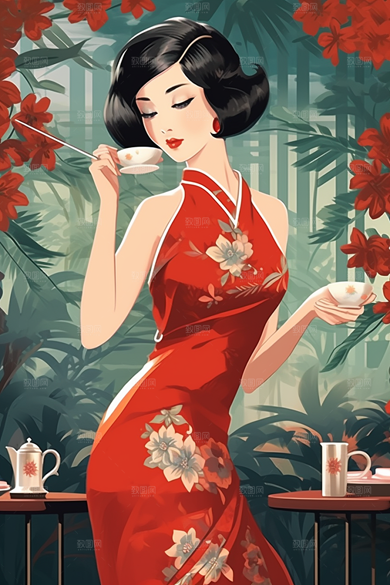 旗袍美女手绘民国风插画