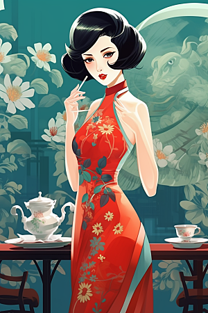 旗袍美女高清中国风插画