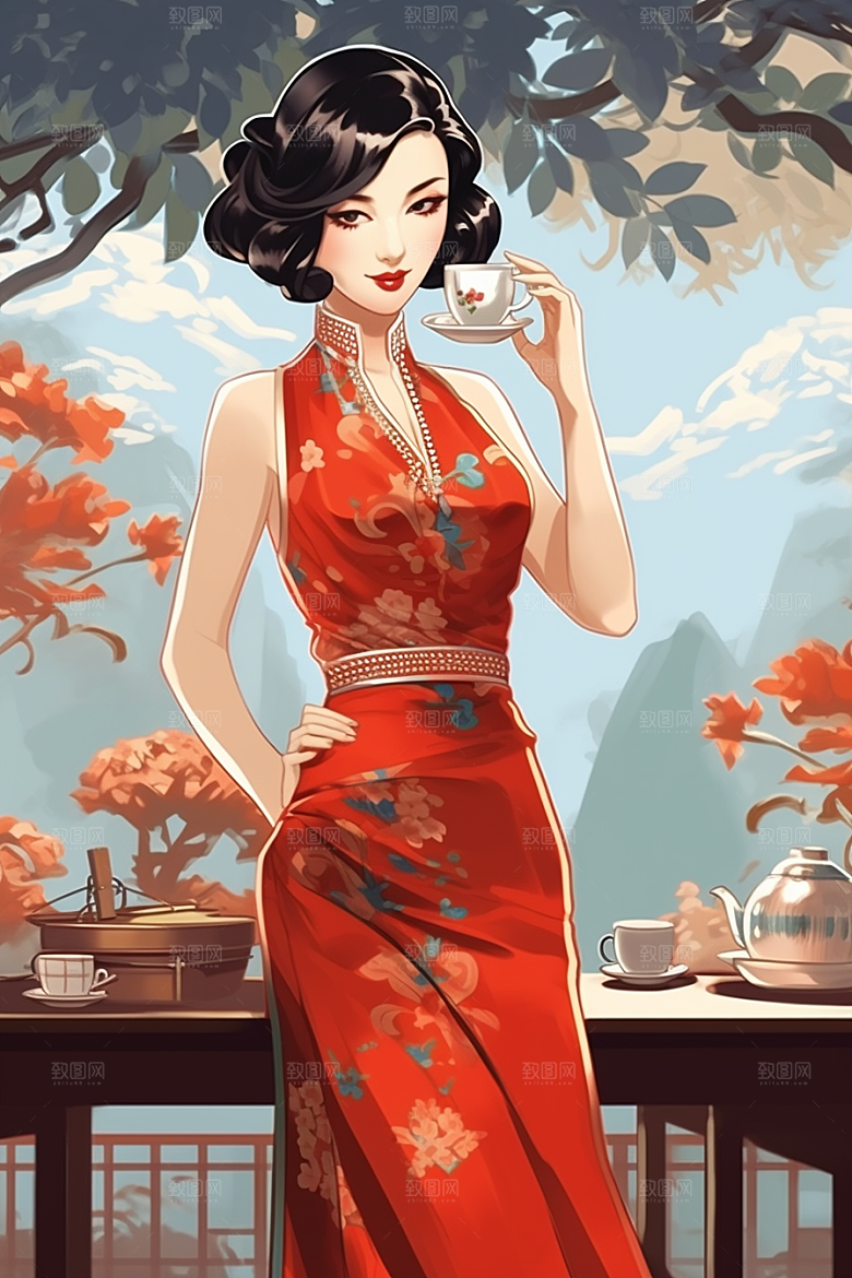 旗袍美女高清中国风插画