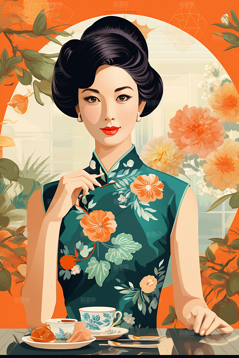 旗袍美女高清复古插画