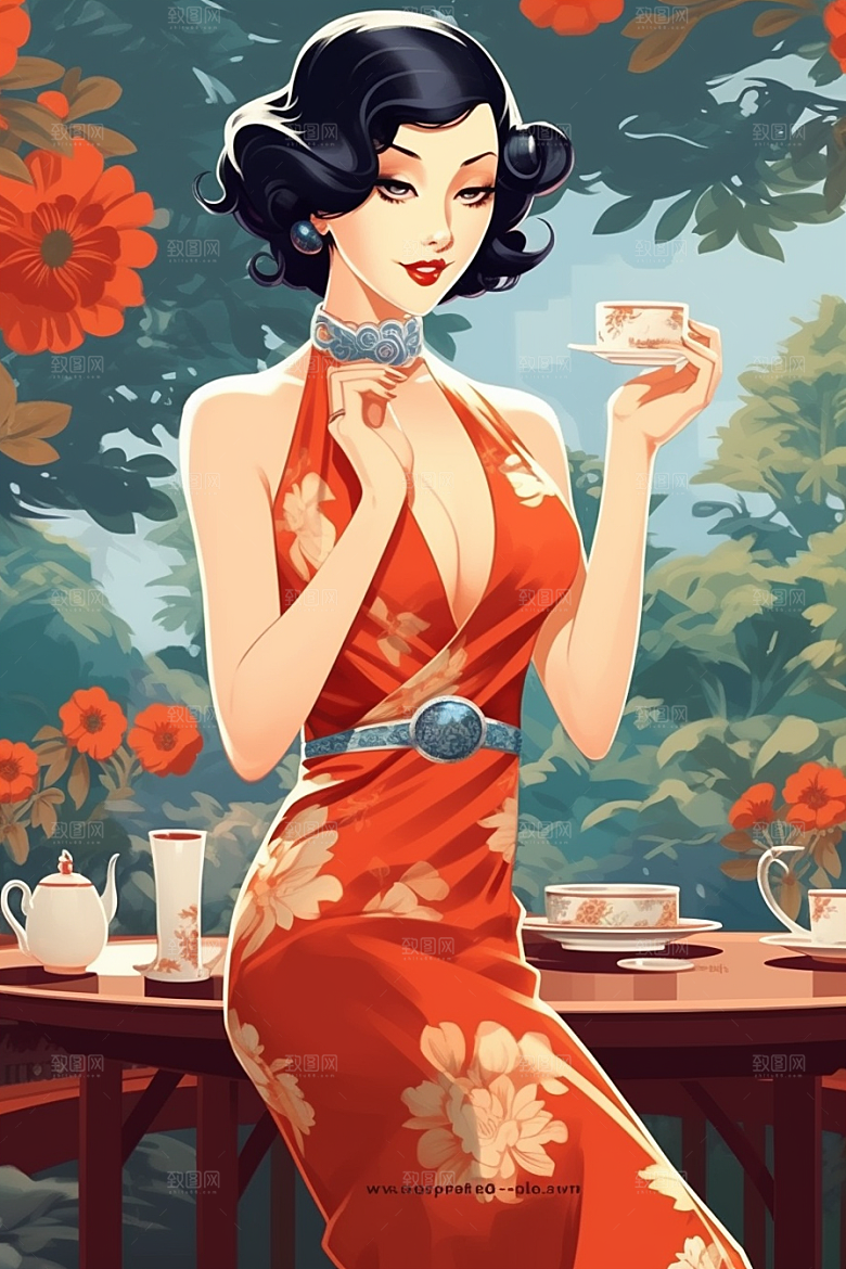 旗袍美女复古唯美插画