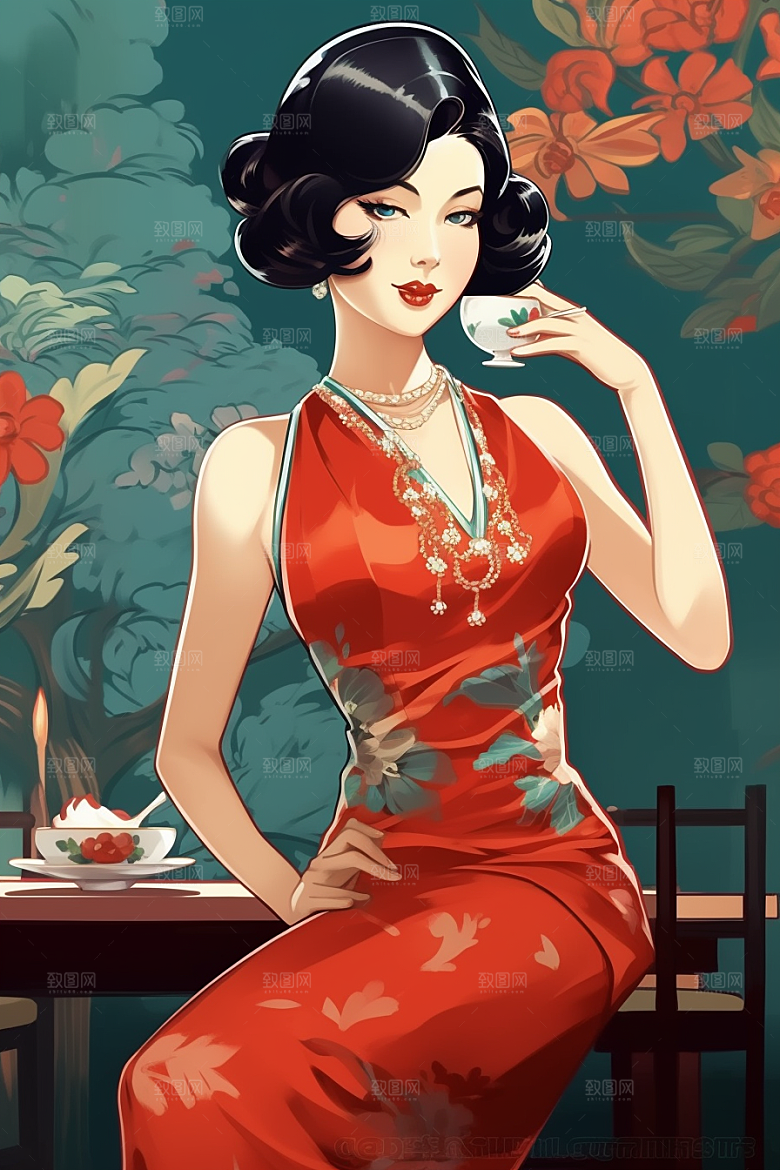 旗袍美女新中式复古插画