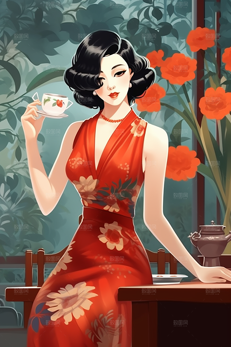旗袍美女手绘中国风插画