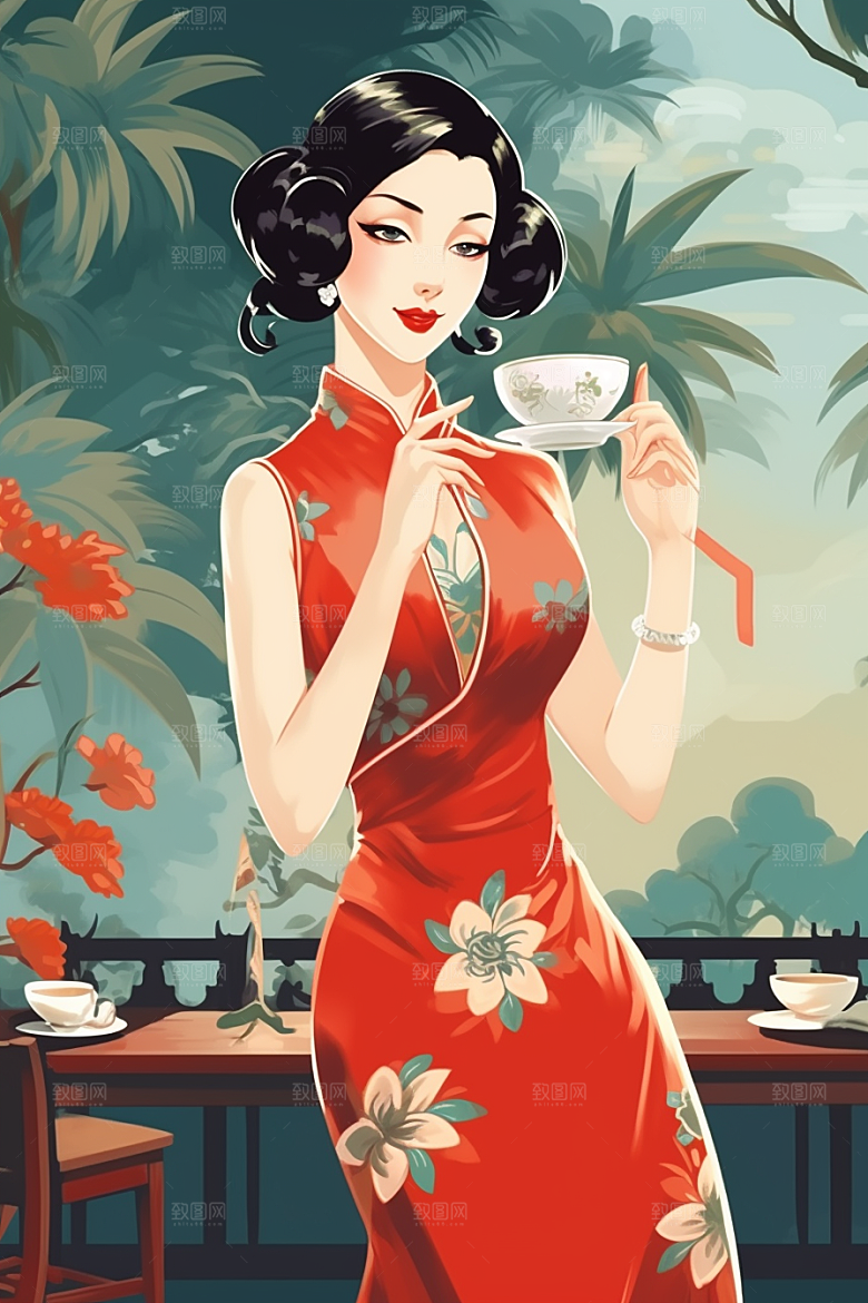旗袍美女优雅民国风插画