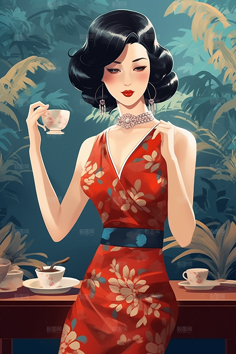 旗袍美女新中式精致插画