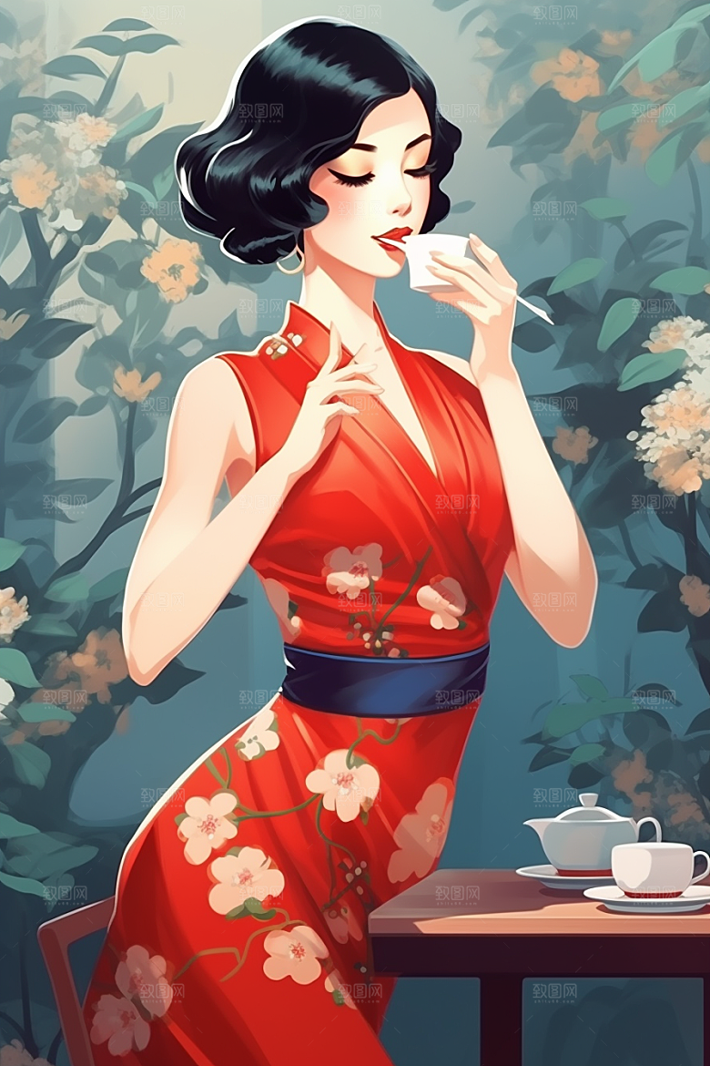 旗袍美女中国风高清插画