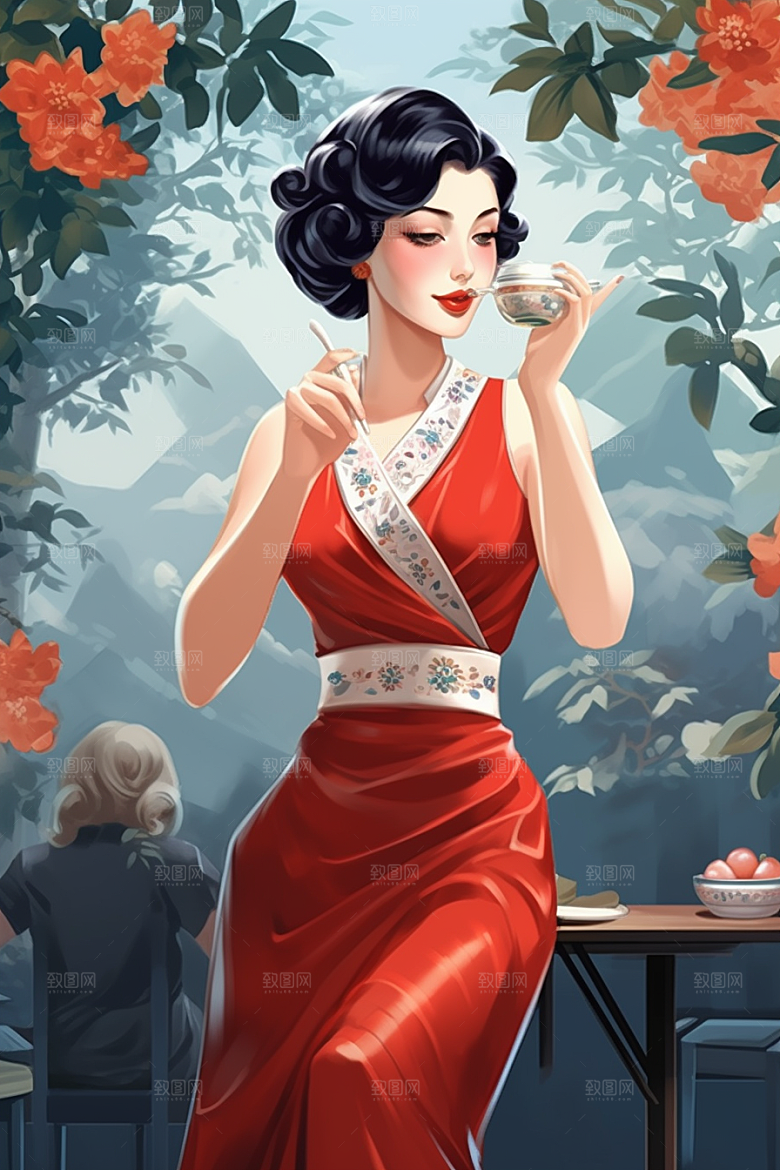 旗袍美女高清优雅插画