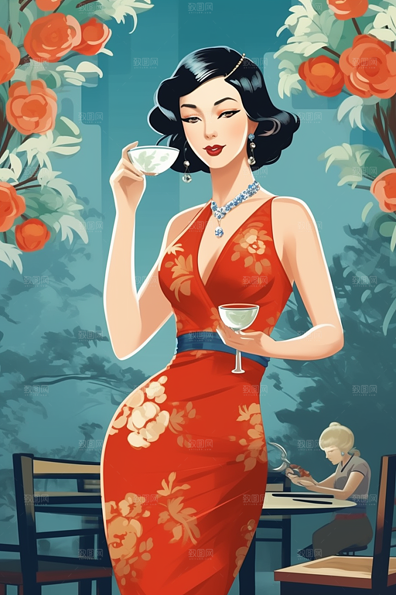 旗袍美女民国风唯美插画