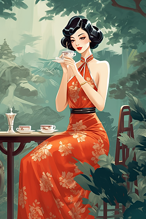 旗袍美女中国风复古插画