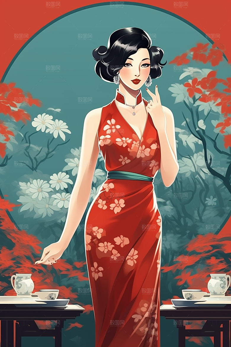 旗袍美女高清手绘插画