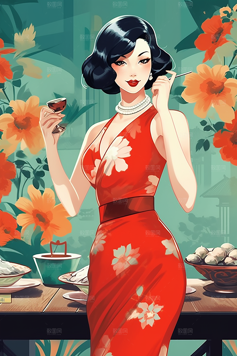 旗袍美女新中式中国风插画