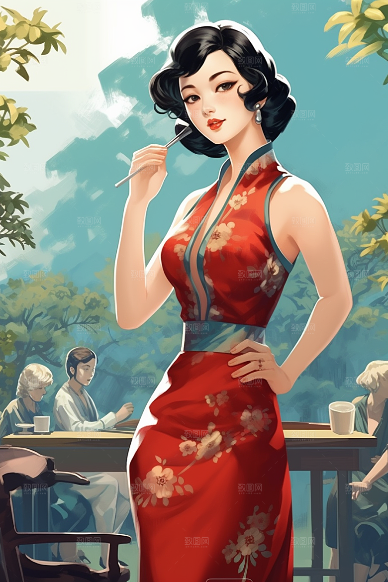 旗袍美女优雅民国风插画