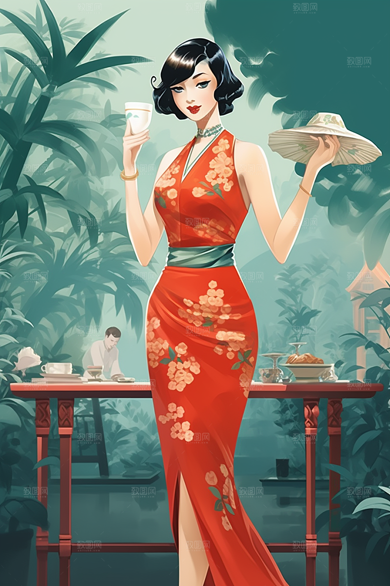 旗袍美女优雅手绘插画