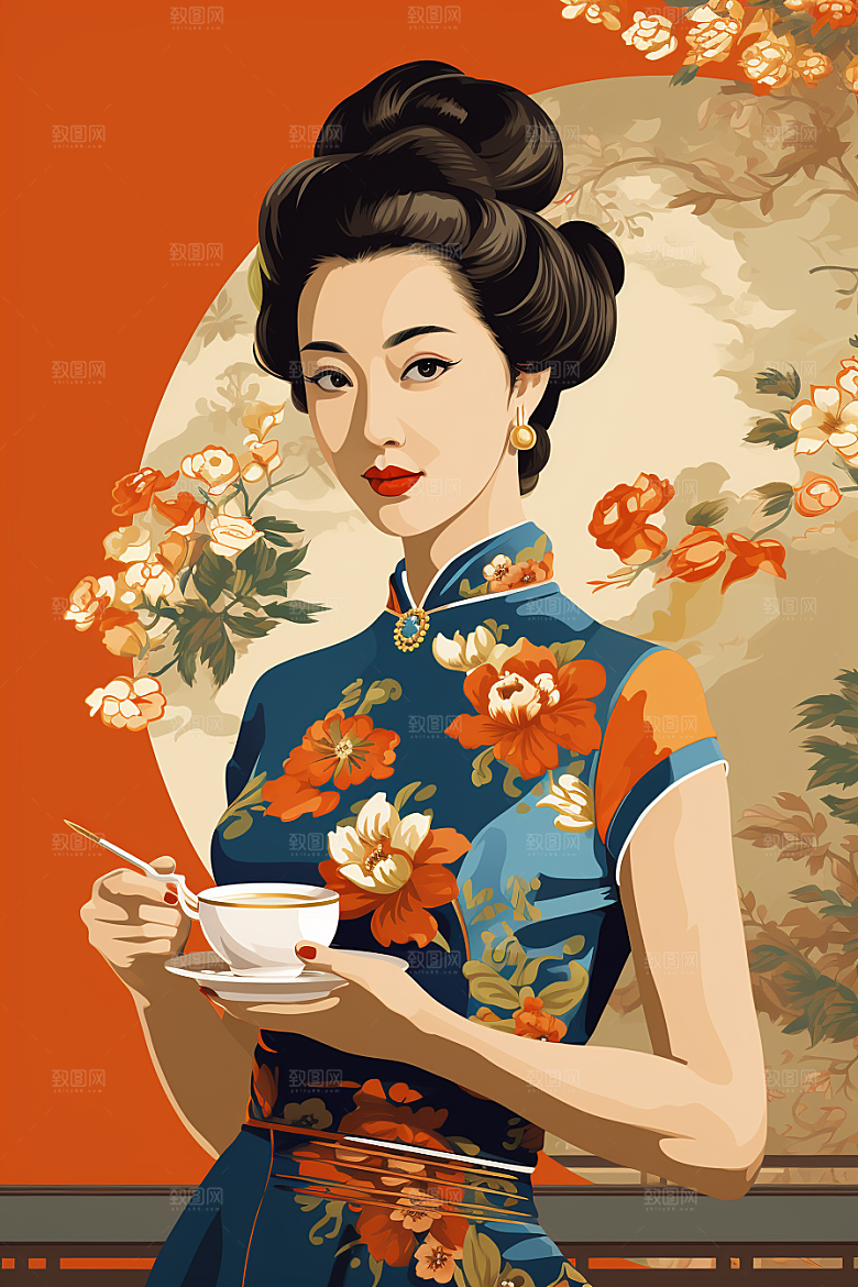 旗袍美女新中式复古插画
