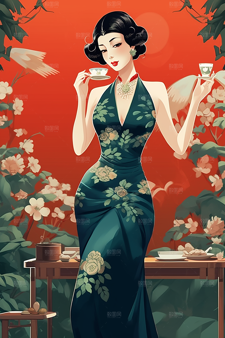旗袍美女中国风优雅插画
