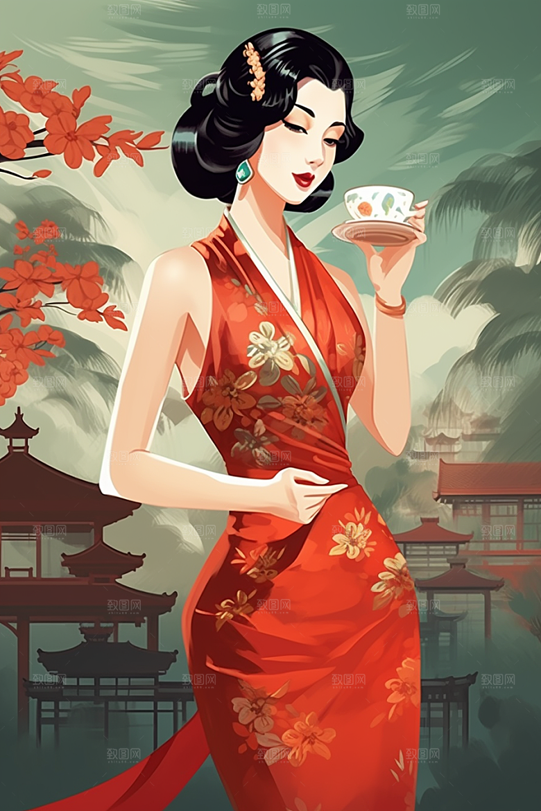 旗袍美女中国风精致插画