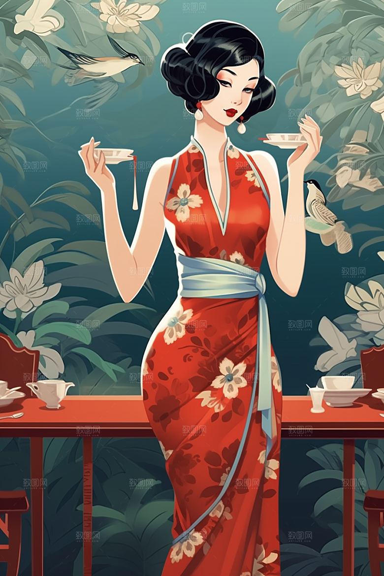 旗袍美女精致中国风插画