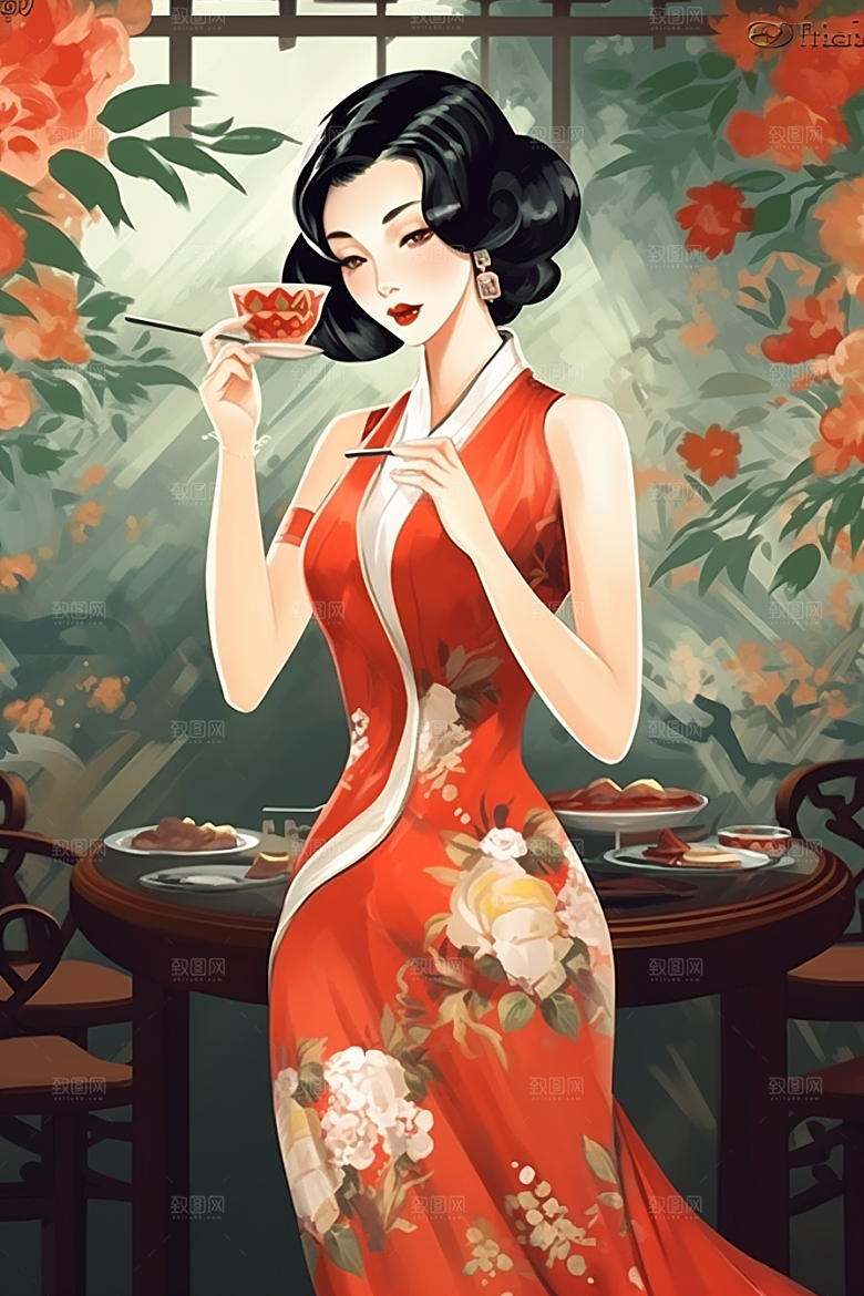 旗袍美女唯美精致插画
