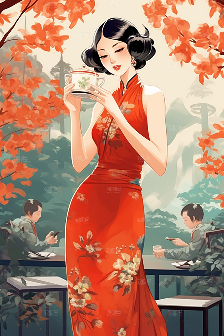 旗袍美女优雅新中式插画