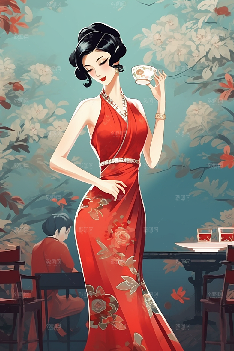 旗袍美女高清唯美插画