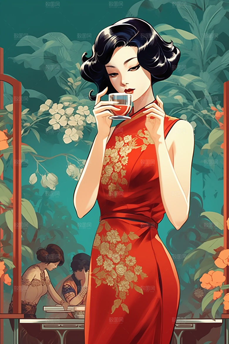 旗袍美女中国风高清插画