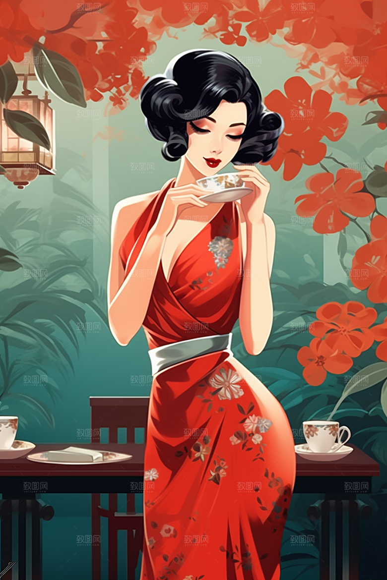 旗袍美女唯美精致插画
