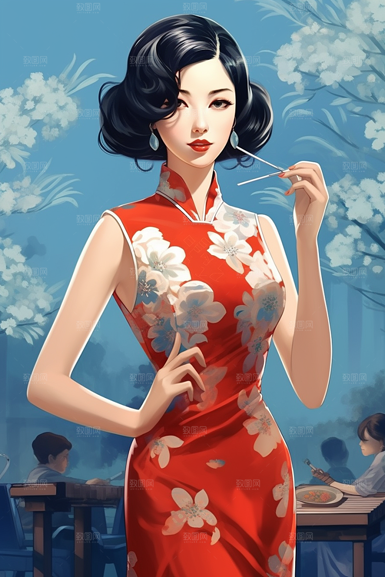 旗袍美女复古高清插画