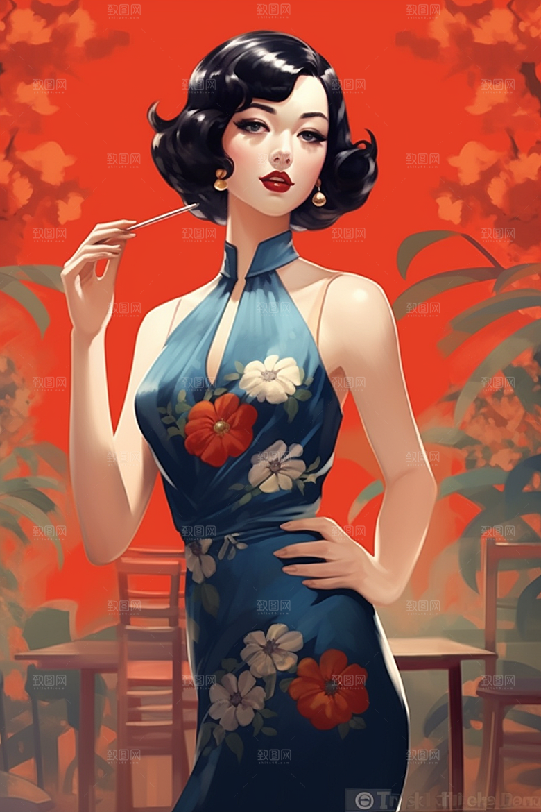 旗袍美女复古优雅插画