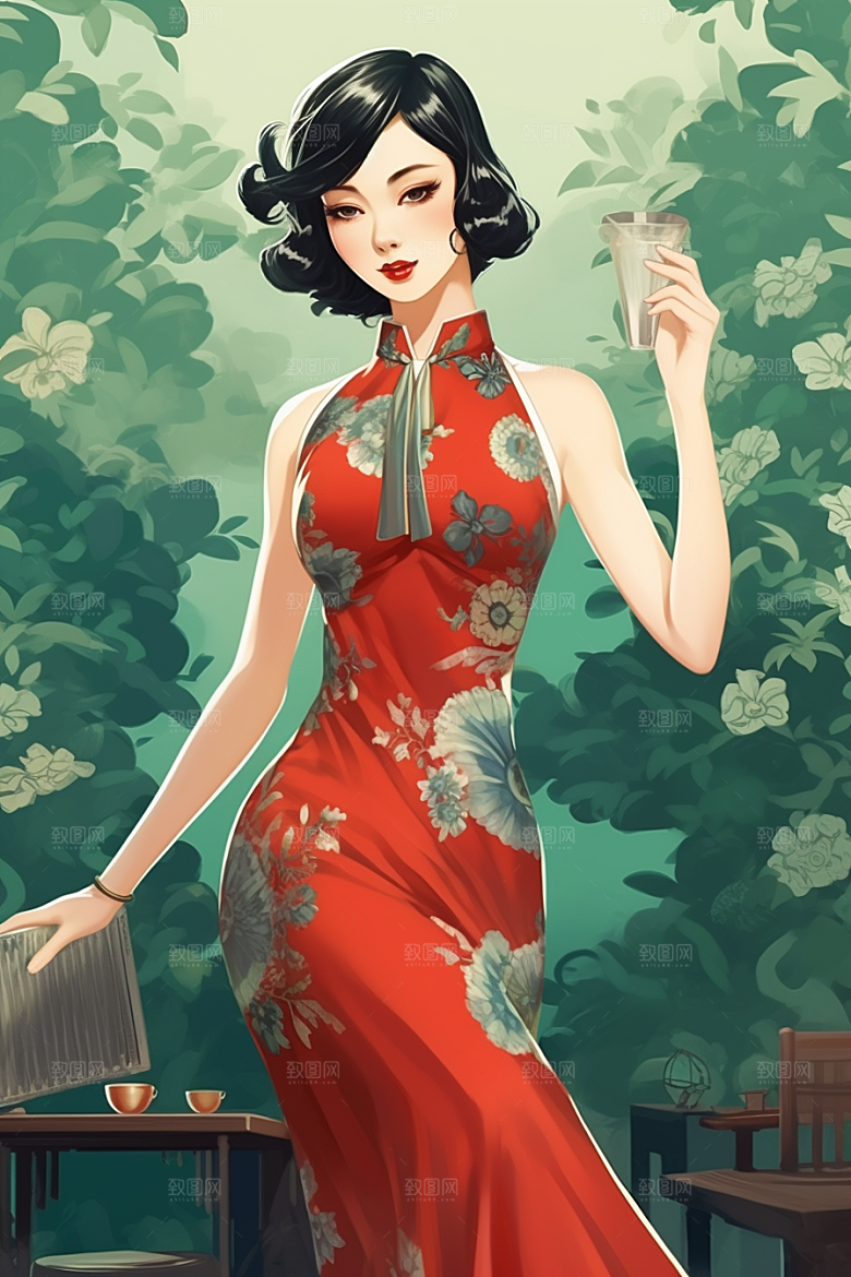 旗袍美女新中式复古插画