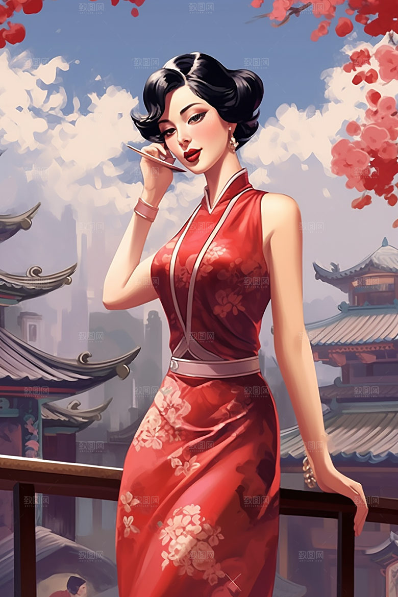 旗袍美女新中式精致插画