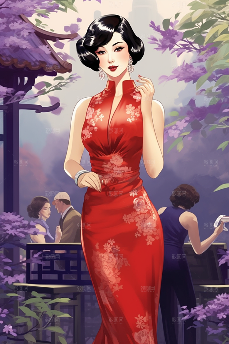 旗袍美女高清优雅插画