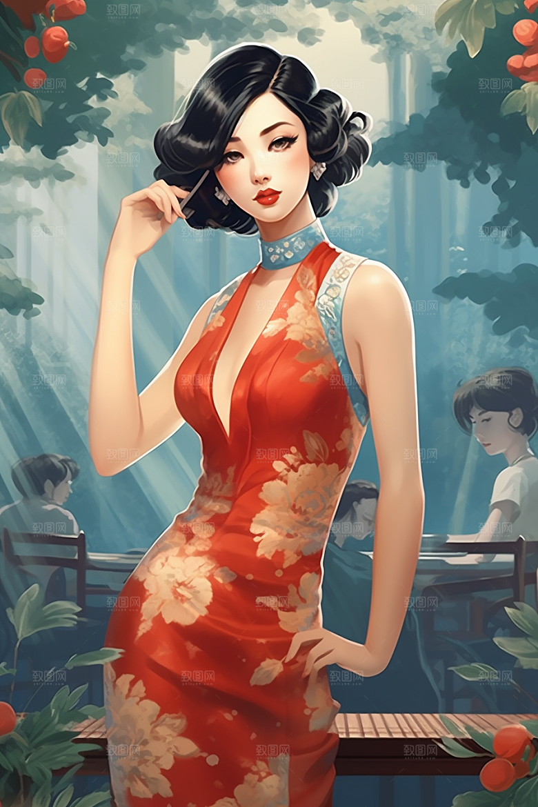 旗袍美女精致新中式插画