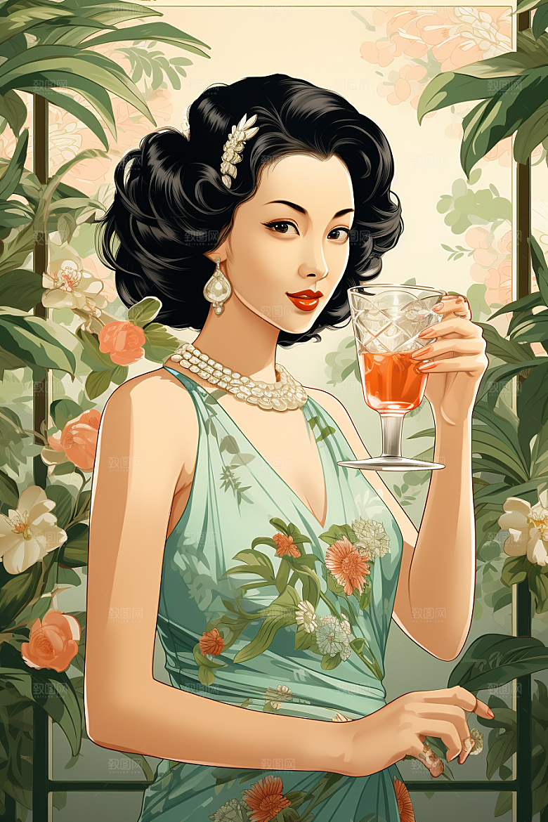 旗袍美女民国风优雅插画