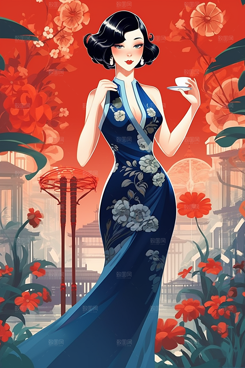 旗袍美女精致新中式插画