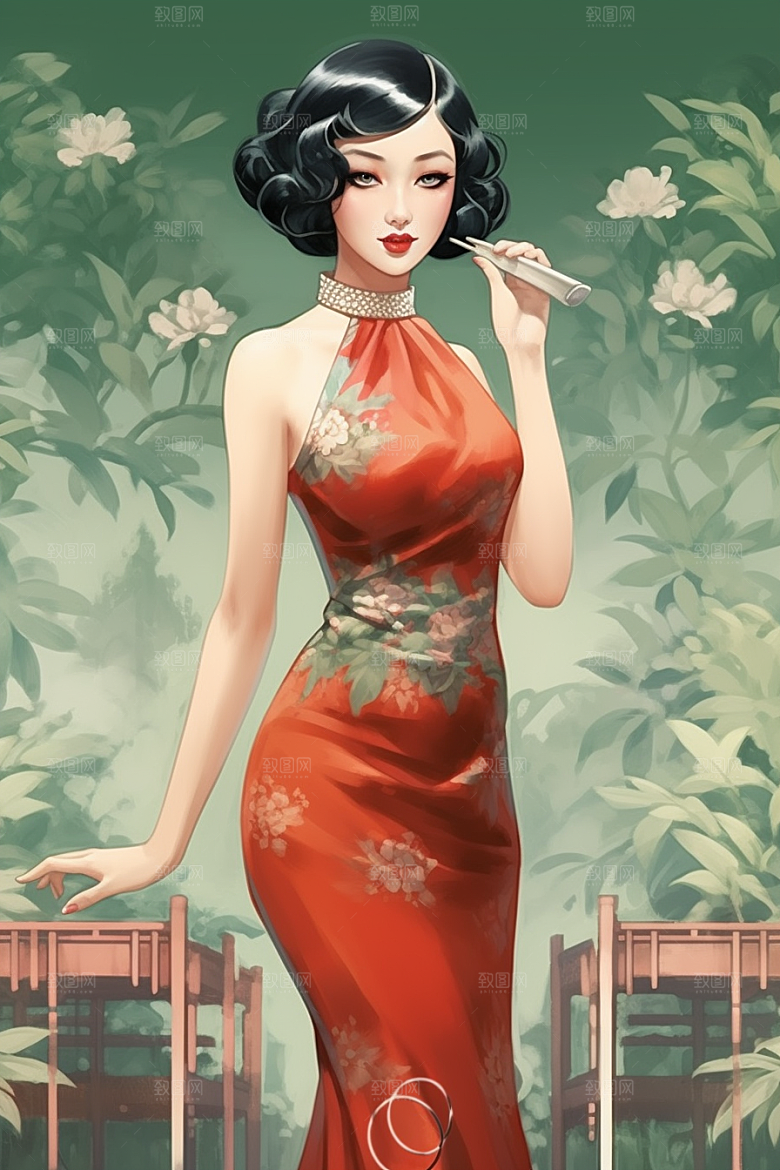 旗袍美女新中式中国风插画