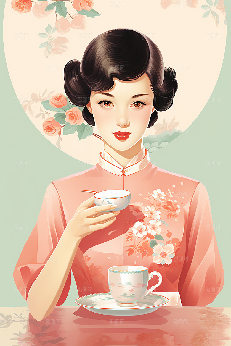 旗袍美女手绘高清插画