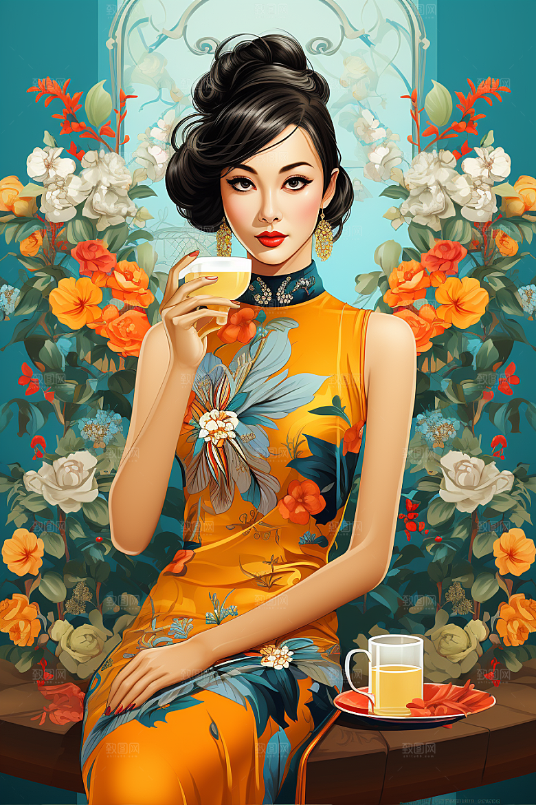 旗袍美女手绘中国风插画