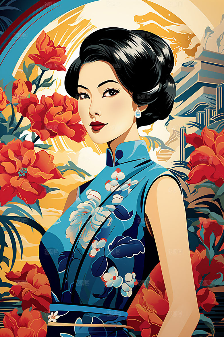 旗袍美女民国风手绘插画