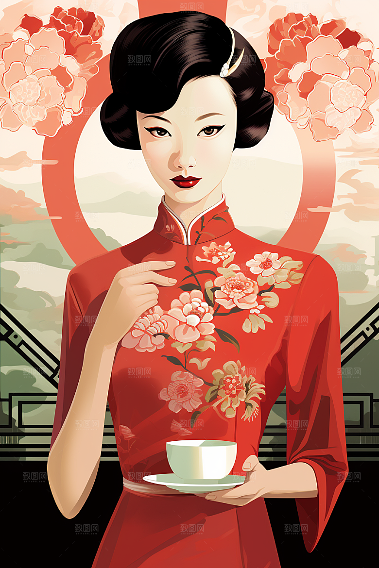 旗袍美女唯美优雅插画
